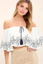 Lulus Hot Nights Blue And White Off-the-shoulder Crop Top