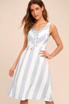 Lulus Martha's Vineyard Blue And White Striped Lace-up Midi Dress