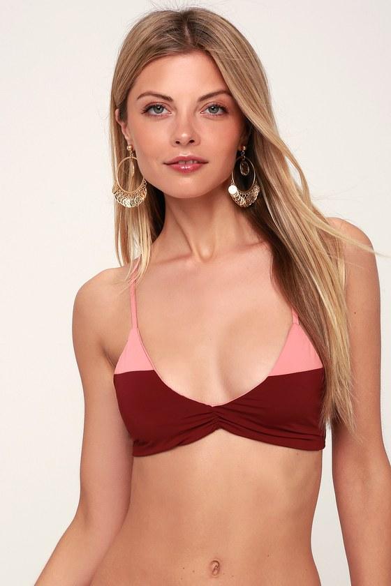 Destination Vacation Blush And Burgundy Lace-up Bikini Top | Lulus