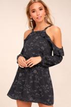 Lucy Love | Makeout Slate Grey Embroidered Cold-shoulder Dress | Size Small | 100% Rayon | Lulus