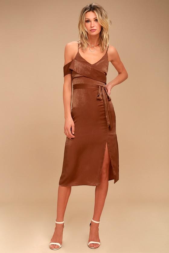 J.o.a. | Anouk Rust Orange Satin Midi Dress | Size Large | 100% Polyester | Lulus