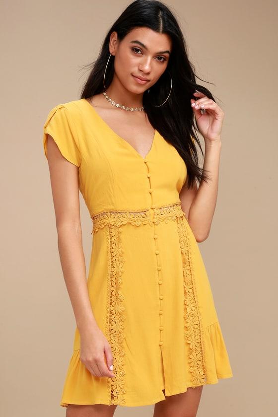 Wistful Wanderer Mustard Yellow Crochet Lace Dress | Lulus