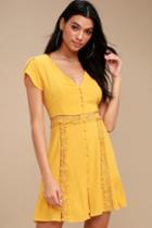 Wistful Wanderer Mustard Yellow Crochet Lace Dress | Lulus