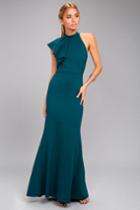 Lulus | Margaux Teal Blue One-shoulder Maxi Dress | Size X-small | 100% Polyester