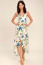 Lulus Something To Believe In Ivory Floral Print Wrap Dress
