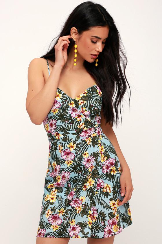 J.o.a. Frangipani Light Blue Tropical Print Mini Dress | Lulus