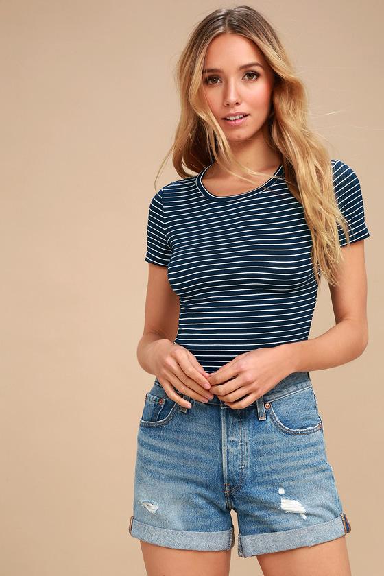 Limitless Is More Navy Blue Striped Cropped Tee | Lulus