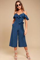 Lulus | Lost In Love Dark Blue Off-the-shoulder Midi Jumpsuit | Size Large | 100% Polyester