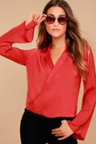 Lulus | Down To Business Red Long Sleeve Wrap Top | Size Large | 100% Polyester