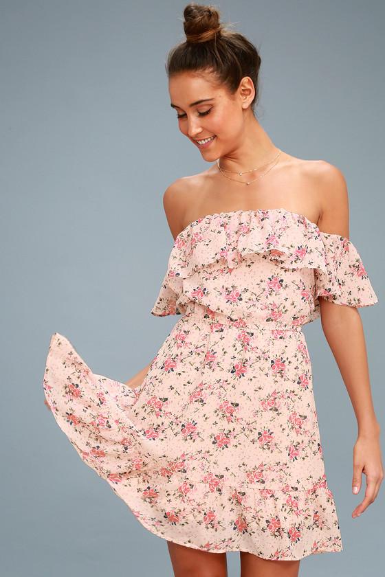 Black Swan Ellison Light Blush Floral Print Off-the-shoulder Dress | Lulus