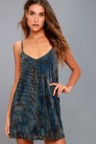 Lulus | Patina Blue Print Swing Dress | Size Large | 100% Polyester