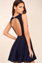 Lulus | Gal About Town Navy Blue Backless Skater Dress | Size Large | 100% Polyester