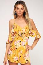 Golden Hours Mustard Yellow Floral Print Off-the-shoulder Romper | Lulus