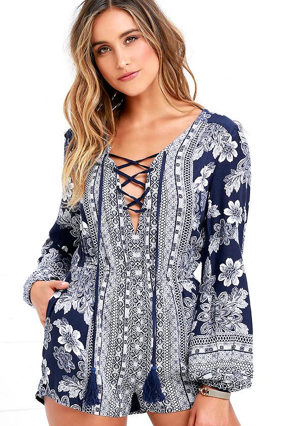 Lulus | Flower Power Play Navy Blue Print Romper | Size Medium | 100% Rayon