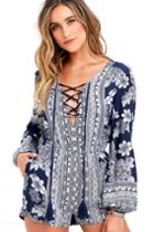 Lulus | Flower Power Play Navy Blue Print Romper | Size Medium | 100% Rayon
