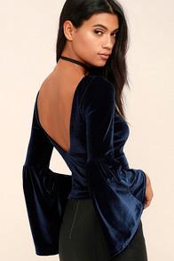 Lulus Look To The Moon Navy Blue Velvet Long Sleeve Crop Top