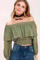 Lulus Shy Sweetheart Olive Green Off-the-shoulder Crop Top