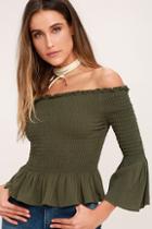 Lulus Sunny Side Olive Green Off-the-shoulder Top