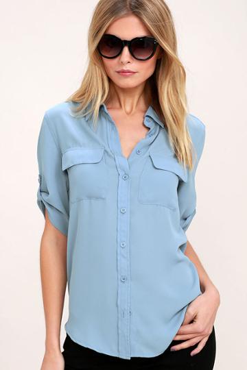 Lulus | Best Of Friends Slate Blue Button-up Top | Size Medium | 100% Polyester
