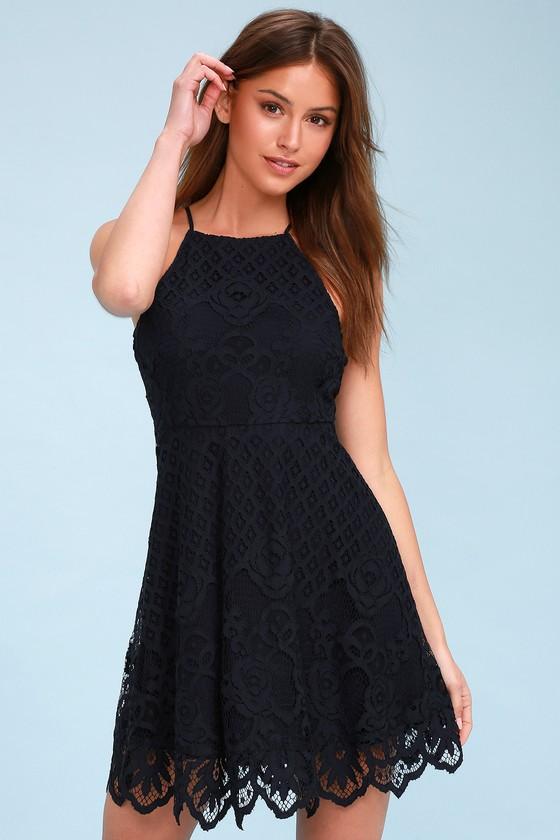 Black Swan Charlotte Midnight Blue Lace Skater Dress | Lulus