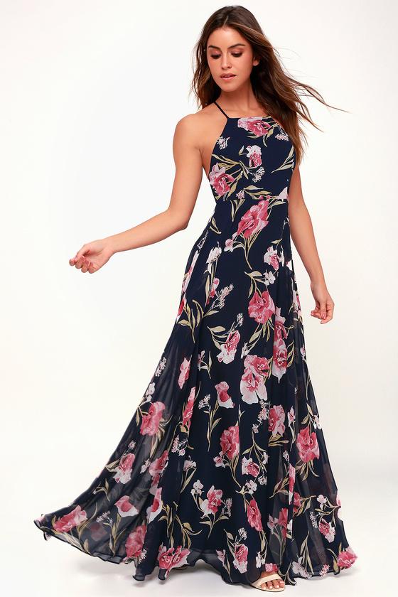 Aubree Navy Blue Floral Print Lace-up Maxi Dress | Lulus