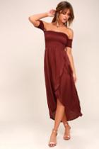 Lucy Love | Tranquility Wine Red Satin Off-the-shoulder Dress | Size Small | Lulus