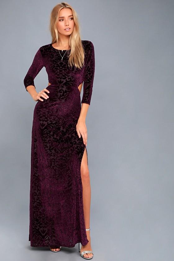 Lulus | Perfect Night Plum Purple Velvet Print Maxi Dress | Size Small | 100% Polyester