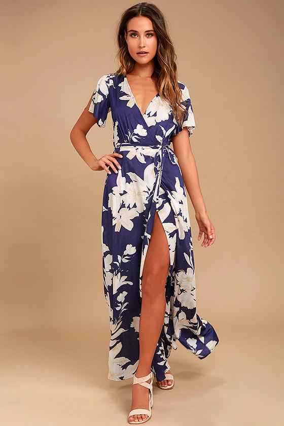 Lulus | Azalea Regalia Navy Blue Floral Print Wrap Maxi Dress | Size Large | 100% Rayon