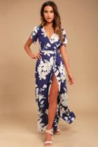 Lulus | Azalea Regalia Navy Blue Floral Print Wrap Maxi Dress | Size Large | 100% Rayon