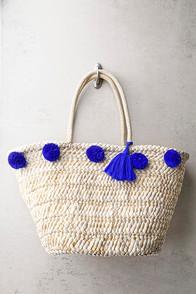 Lulus Byron Bay Beige And Blue Woven Pompom Tote