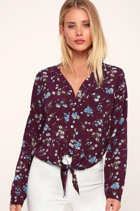Cole Valley Burgundy Floral Print Tie-front Top | Lulus