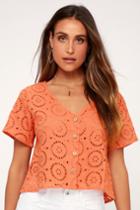 Eyelet You Love Me Coral Eyelet Button-up Crop Top | Lulus