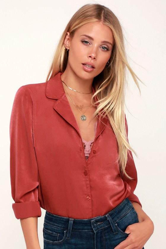 In The Biz Rust Red Satin Long Sleeve Button-up Top | Lulus