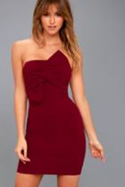 Lulus | Bow 'n' Arrow Burgundy Strapless Bodycon Dress | Size Medium | Red | 100% Polyester