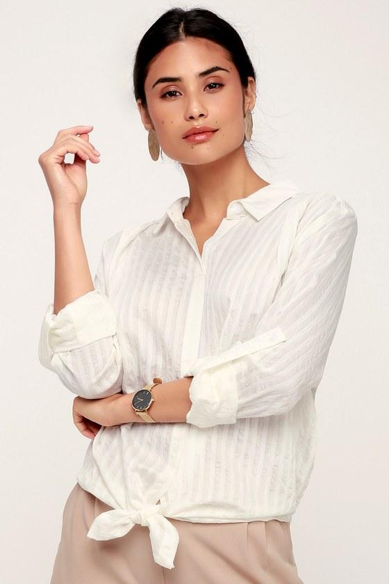Sage The Label Quartz White Long Sleeve Tie-front Top | Lulus