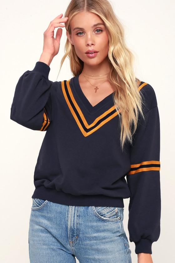 J.o.a. Jai Yellow And Navy Blue Varsity Sweater | Lulus
