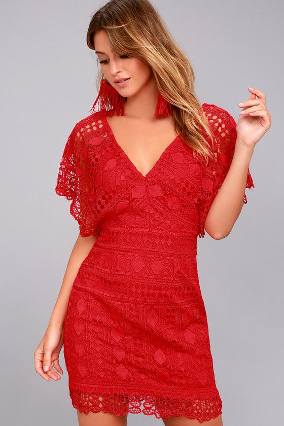 Lulus | First Kiss Red Lace Dress | Size Large | 100% Polyester