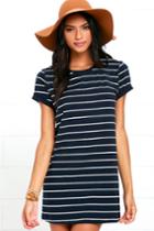 Lulus | Cafe Society Navy Blue Striped Shirt Dress | Size Large | 100% Cotton