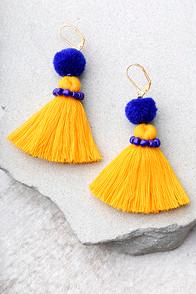Shashi Pom Blue And Yellow Tassel Earrings