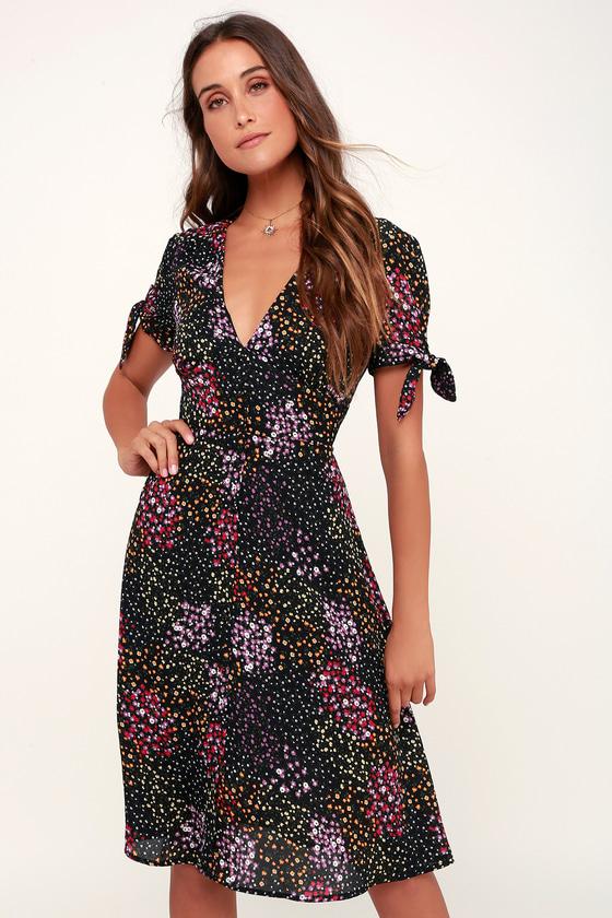 Austyn Black Floral Print Tie-sleeve Midi Dress | Lulus
