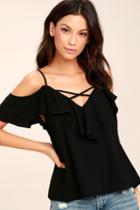 Lulus | Sing It Now Black Off-the-shoulder Top | Size Large | 100% Polyester