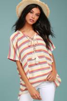 Lulus | At Sunset Cream Striped Poncho Top | Size Large | Beige | 100% Cotton