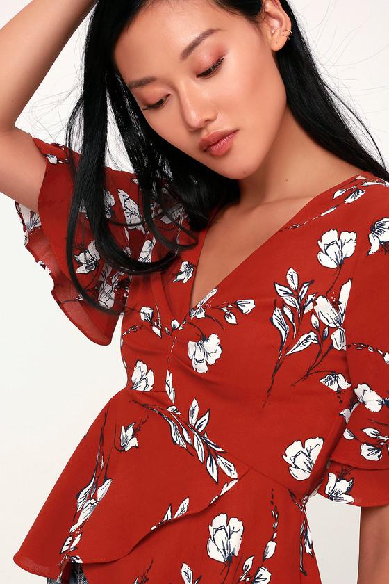 Dramatic Flair Rust Red And White Floral Print Peplum Top | Lulus