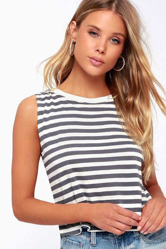 Day Rita Blue Grey Striped Cropped Muscle Tee | Lulus