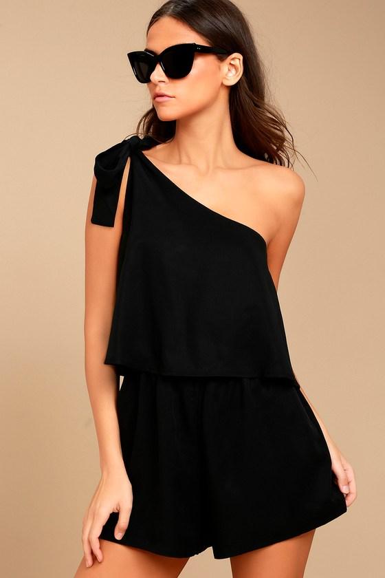 Lulus | Destined For Chicness Black One-shoulder Romper | Size X-large | 100% Polyester