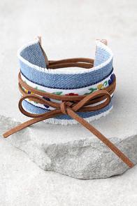 Lulus Denim Darling Blue And Brown Embroidered Wrap Bracelet