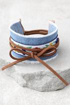 Lulus Denim Darling Blue And Brown Embroidered Wrap Bracelet