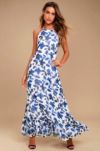 Lulus Meadow Meandering Blue And White Floral Print Halter Maxi Dress