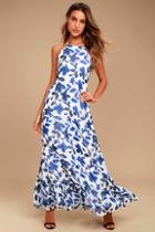 Lulus Meadow Meandering Blue And White Floral Print Halter Maxi Dress
