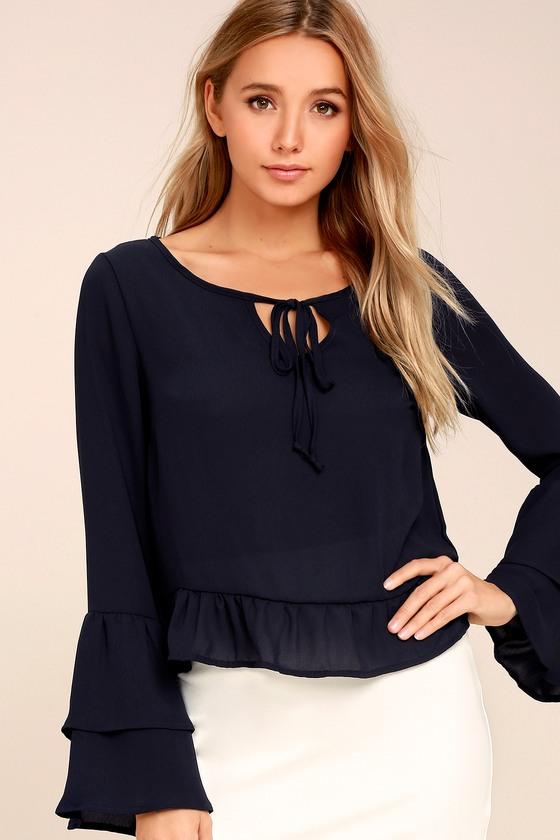 Lulus | Sidewalk Catwalk Navy Blue Long Sleeve Top | Size Large | 100% Polyester
